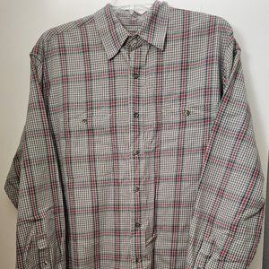 Eddie Bauer Mens Large Plaid Button Down Long Sleeve Shirt Tan/Green/Red Pockets